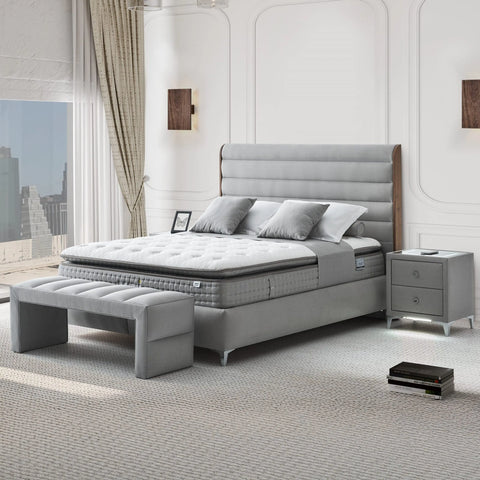 Naomi Kanvas Boxspringbett Set inkl. Matratze – 1600 Federn, Doppelkern-Technologie, Antibakterieller Viscon-Stoff & Keten-Seitenwände für Optimale Unterstützung und Hygienisches Schlafklima Schlafsinn