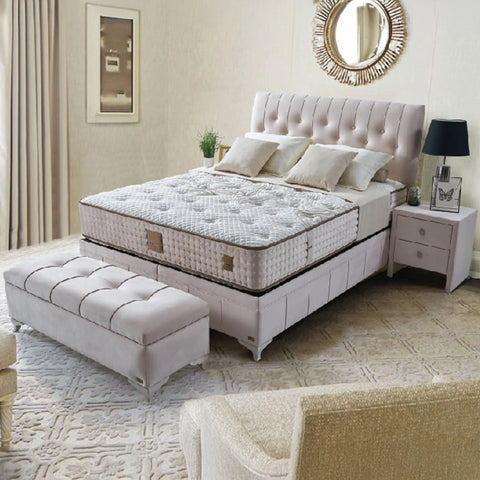Platin Damla Boxspringbett Set inkl. Matratze – 100% Natürliche Wollschicht für Ganzjährige Temperaturregulierung & Langlebiges Bonell-Federkernsystem Schlafsinn