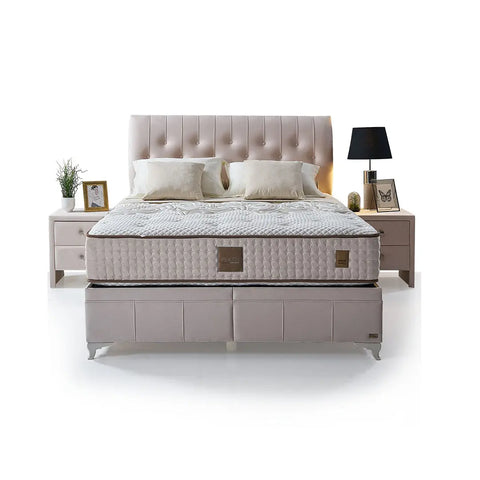 Platin Damla Boxspringbett Set inkl. Matratze – 100% Natürliche Wollschicht für Ganzjährige Temperaturregulierung & Langlebiges Bonell-Federkernsystem Schlafsinn