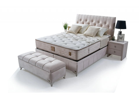 Platin Damla Boxspringbett Set inkl. Matratze – 100% Natürliche Wollschicht für Ganzjährige Temperaturregulierung & Langlebiges Bonell-Federkernsystem Schlafsinn